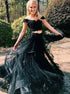 Two Piece Off the Shoulder Black Tulle Prom Dress with Appliques LBQ1747